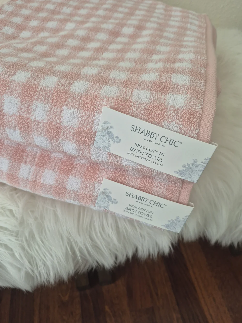 Shabby Chic 100% Cotton Bath Towel set of 2pc pink & white Plaid 30in x 56in